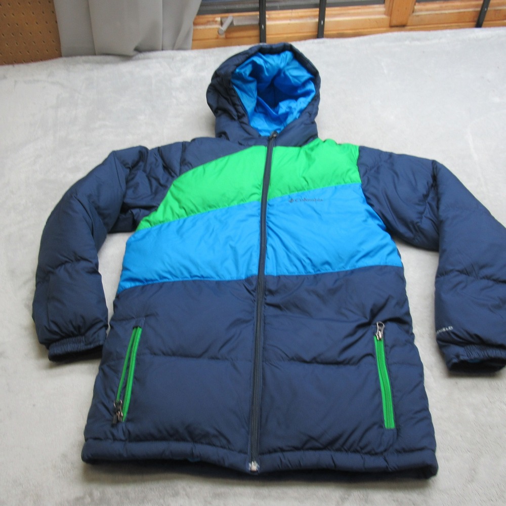 Columbia Down Jacket Youth 14 16 Blue Insulated Puffer Pockes Hooded Omni-Shield